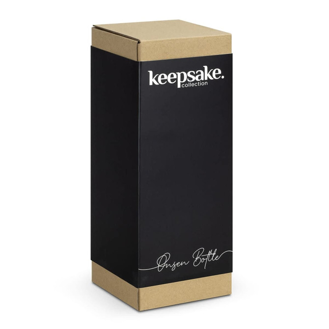 A drink bottle in a stylish black and kraft packaging with a branding logo featuring the name "Onsen Bottle."