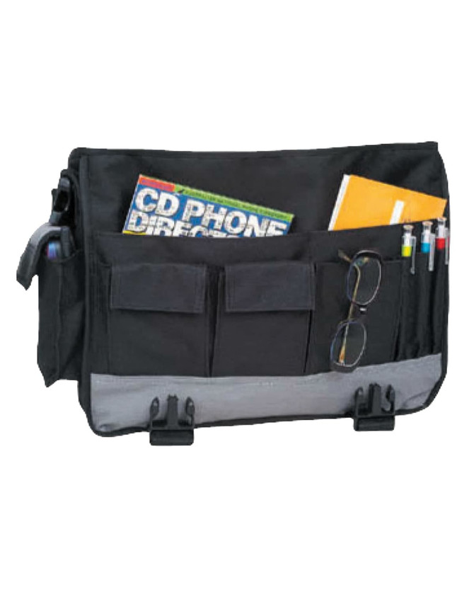 A black executive conference satchel with multiple pockets, holding magazines, glasses, and pens. It features a branding logo.
