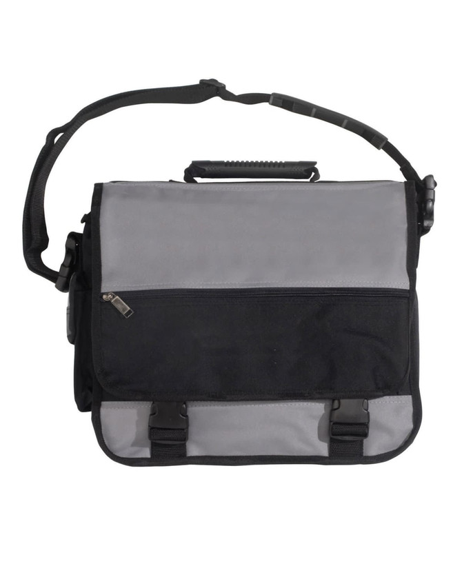 A grey and black satchel with a shoulder strap and a handle, featuring a zipper and buckle closures.