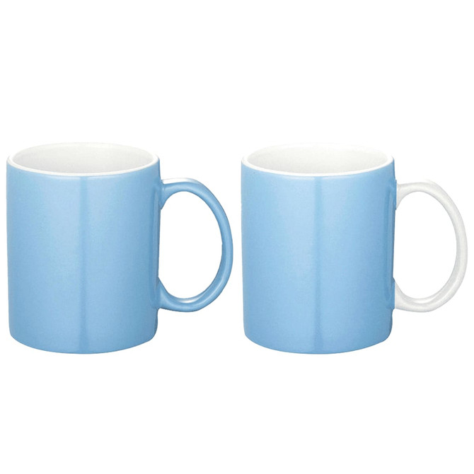 A ceramic mug set featuring two mugs in light blue and white, each with a handle. Both mugs have a smooth finish.
