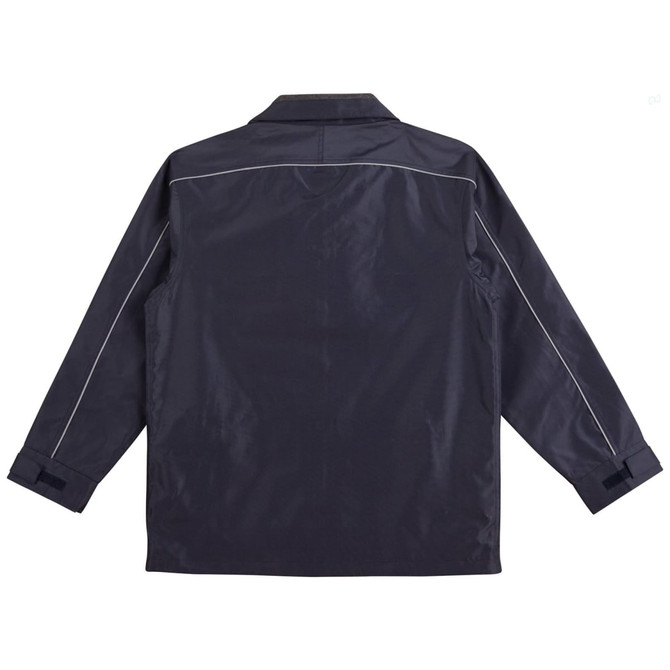 A navy jacket featuring a back view with contrasting piping and a collar, designed for sport or racing.