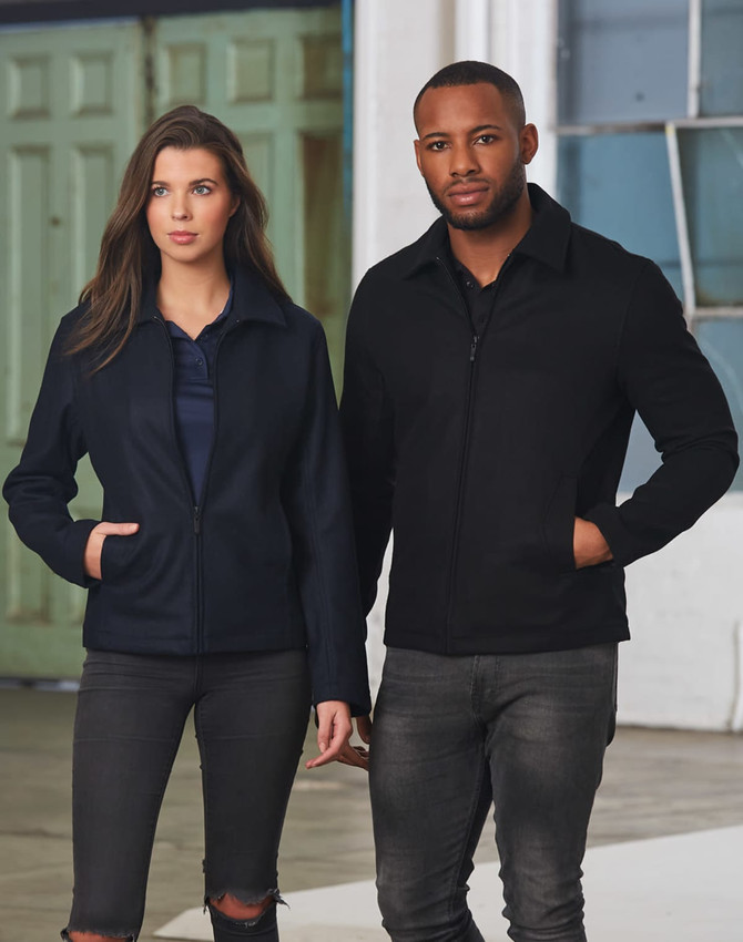 A navy women's wool blend corporate jacket and a black men's jacket, both with pockets and a branding logo.