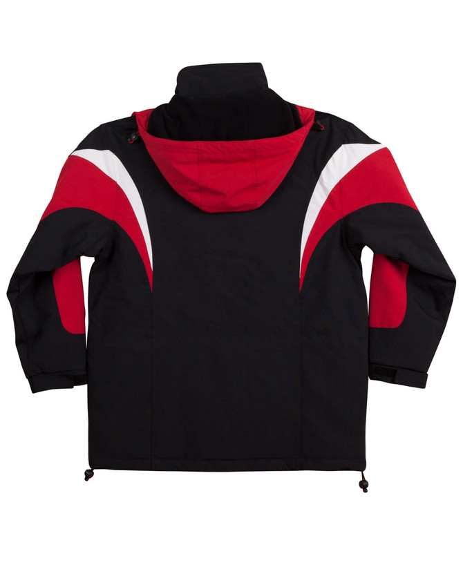 A tri-colour jacket featuring a red and black design with a hood and white accents. It has a logo on the back.