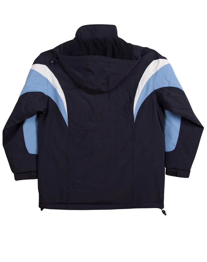 A tri-colour jacket with a hood, featuring navy blue and light blue accents. The jacket has a logo.
