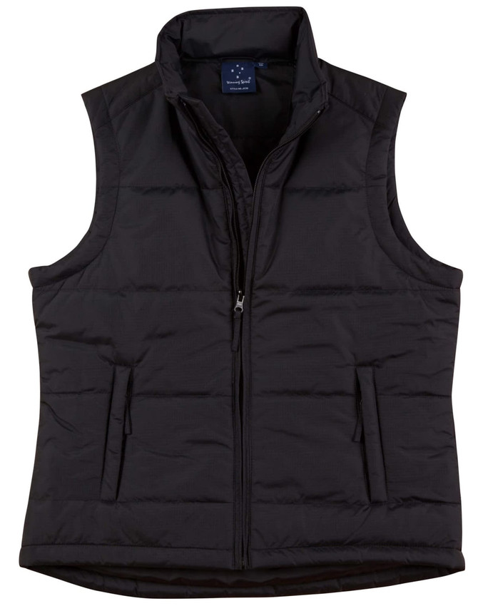 A black padded vest with a zip closure and a standing collar, featuring a logo on the inner label.