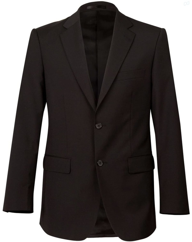 A black wool stretch blazer featuring two buttons and side pockets, with a sleek and tailored design.
