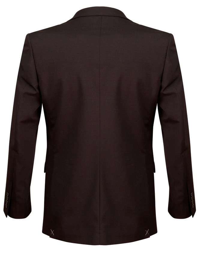 A brown wool stretch men's two-button jacket, featuring a classic design with a sleek back view.