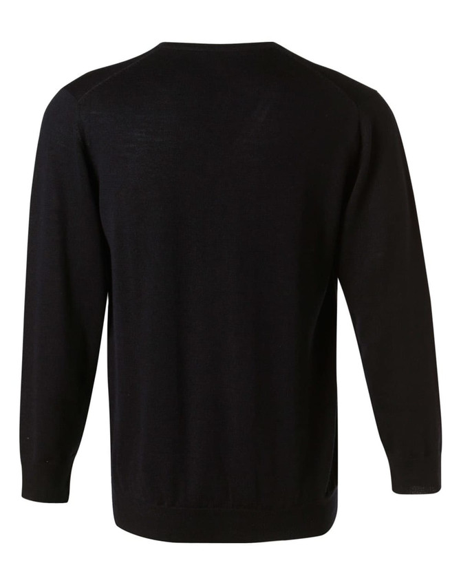 A black men's 100% Merino wool V-neck long sleeve sweater, featuring a simple design and fitted silhouette.