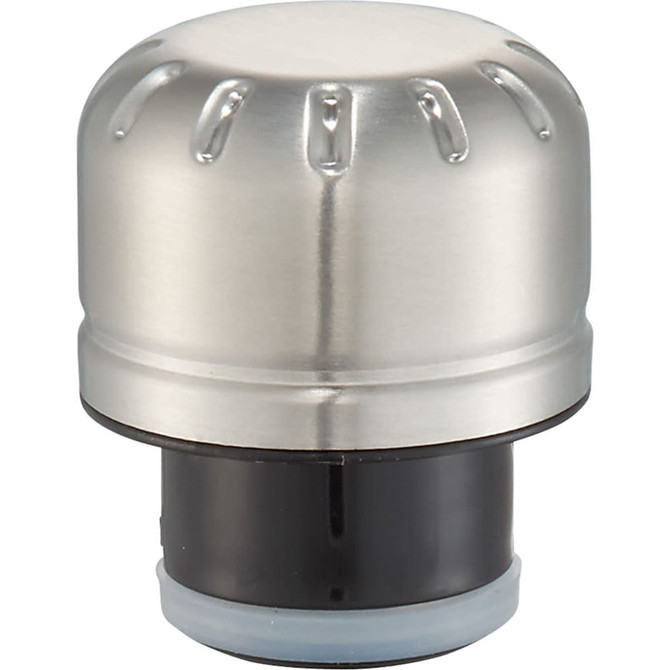 A drink bottle cap in silver and black, designed for a copper vacuum insulated bottle. It features a logo.
