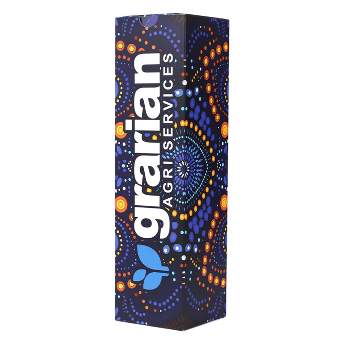 A drink bottle with a dark blue packaging featuring vibrant dot-pattern artwork and a logo. It has a rectangular shape.