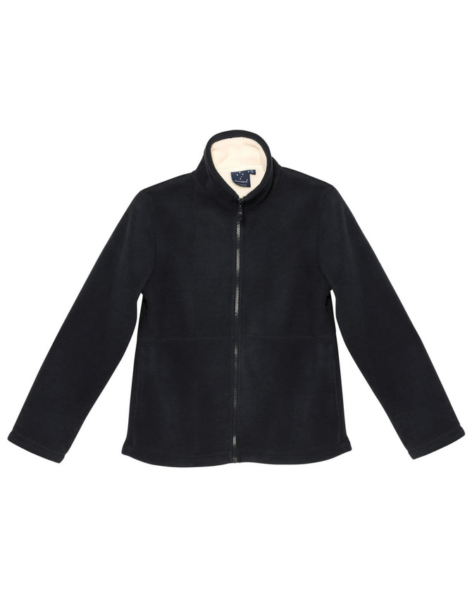 A black polar fleece jacket with a high collar and zip closure, featuring a logo on the inner side.