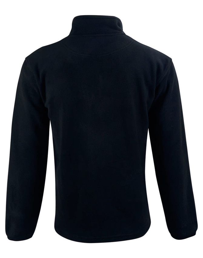 A black adult's half zip polar fleece pullover with long sleeves and a high collar, featuring a logo.