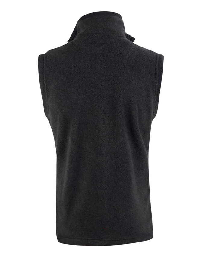 A black adult's polar fleece vest featuring a high collar and no sleeves, with a logo on the back.