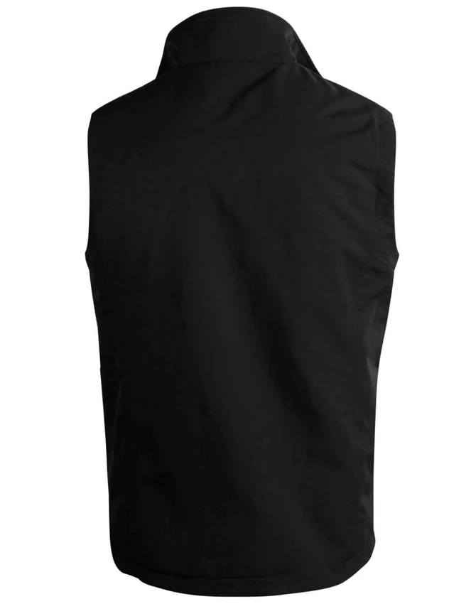 A black unisex reversible vest with no visible design details, featuring a high collar and sleeveless style.