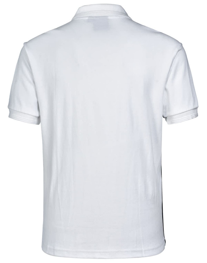 A white men's polo shirt featuring a logo, with a classic collar and short sleeves.