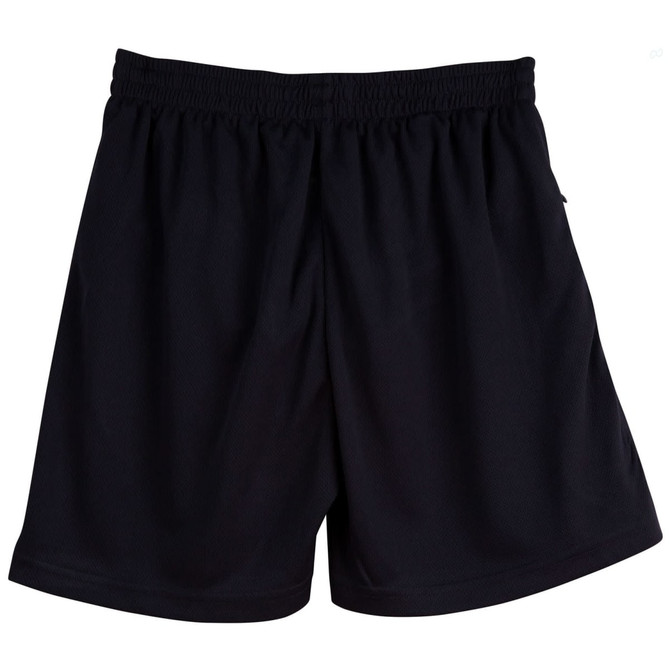 Black adult cooldry sports shorts with an elastic waistband and a logo featured. Suitable for active wear.