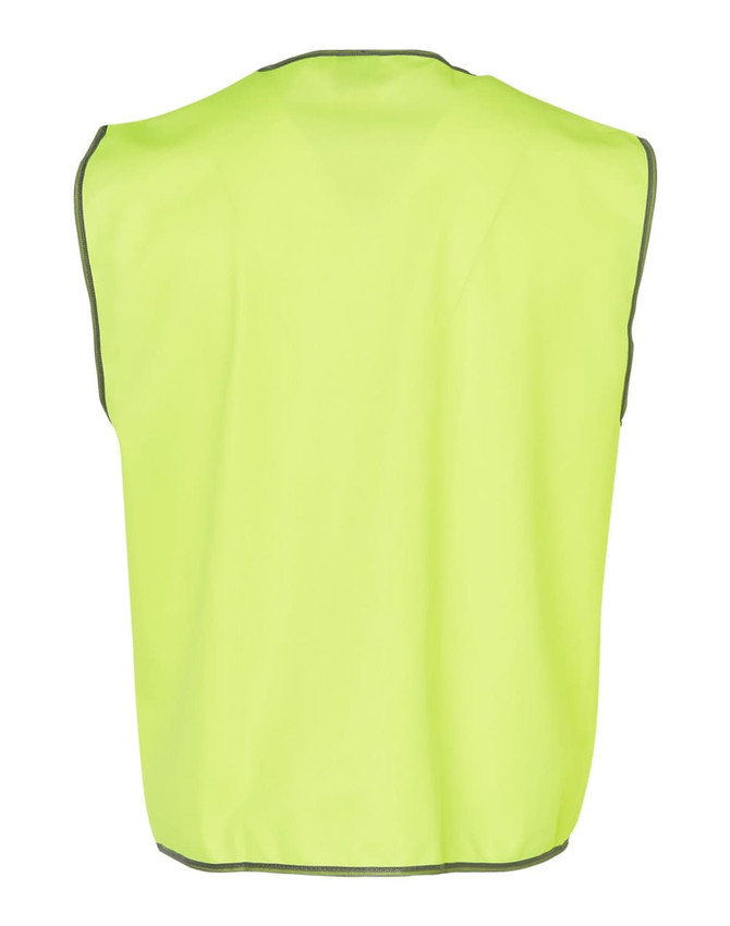 A high-visibility safety vest in bright lime green, featuring a simple design and reflective trim.
