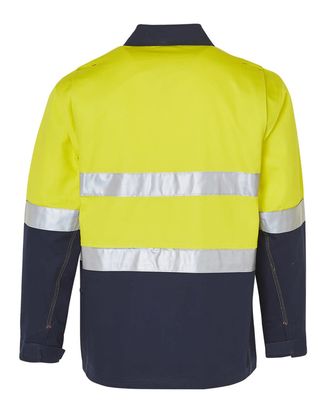 A hi-vis two-tone work jacket in bright yellow and navy, featuring reflective 3M tape for safety. It has a logo.