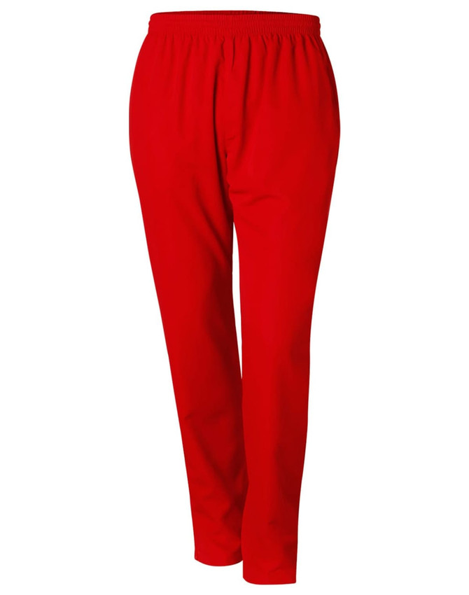 Red track pants with an elastic waistband and a simple design. Features a logo on one side.