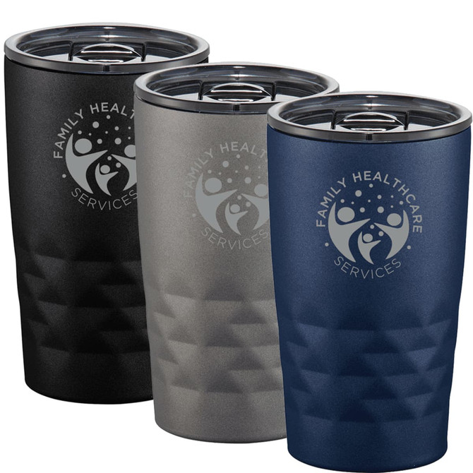 A drink bottle set featuring three coloured tumblers: black, grey, and navy, each with a logo.