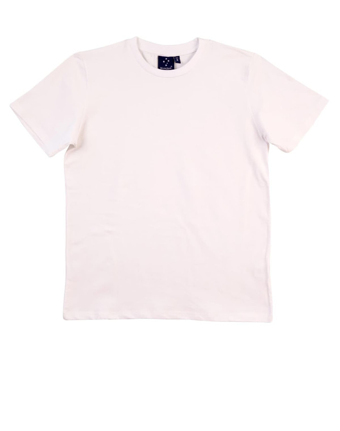 A fitted stretch tee in white, featuring a label with a logo on the neckline.