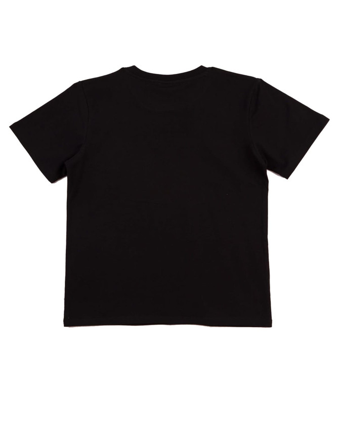 A black fitted stretch tee, featuring short sleeves and a simple design. The back is plain without any logos or embellishments.