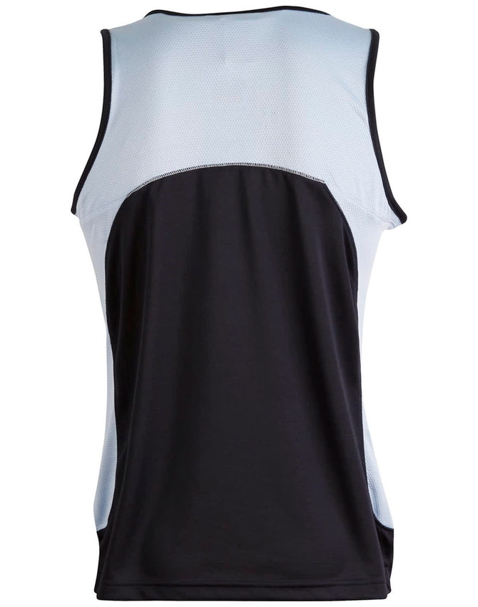 A men's sprint singlet featuring a black body and light blue mesh panels, with a logo on the back.