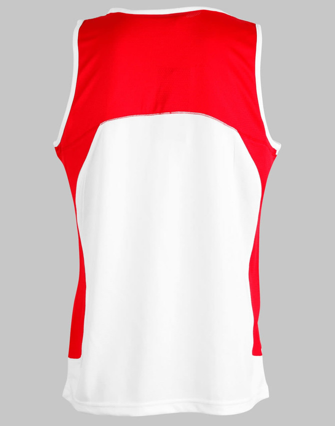 A red and white men's sprint singlet with a stylish back design and a logo.