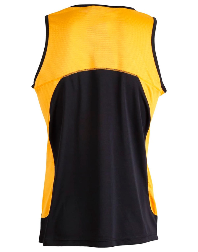 A yellow and black men's sprint singlet with a breathable mesh design and a branded logo on the back.