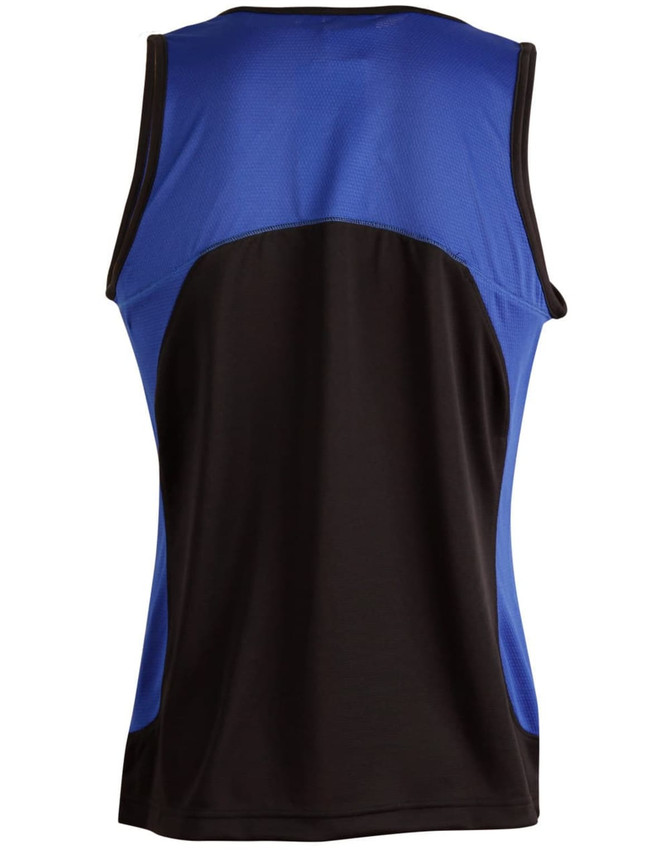 A men's sprint singlet featuring a black and blue design with a mesh back. The top includes a logo.