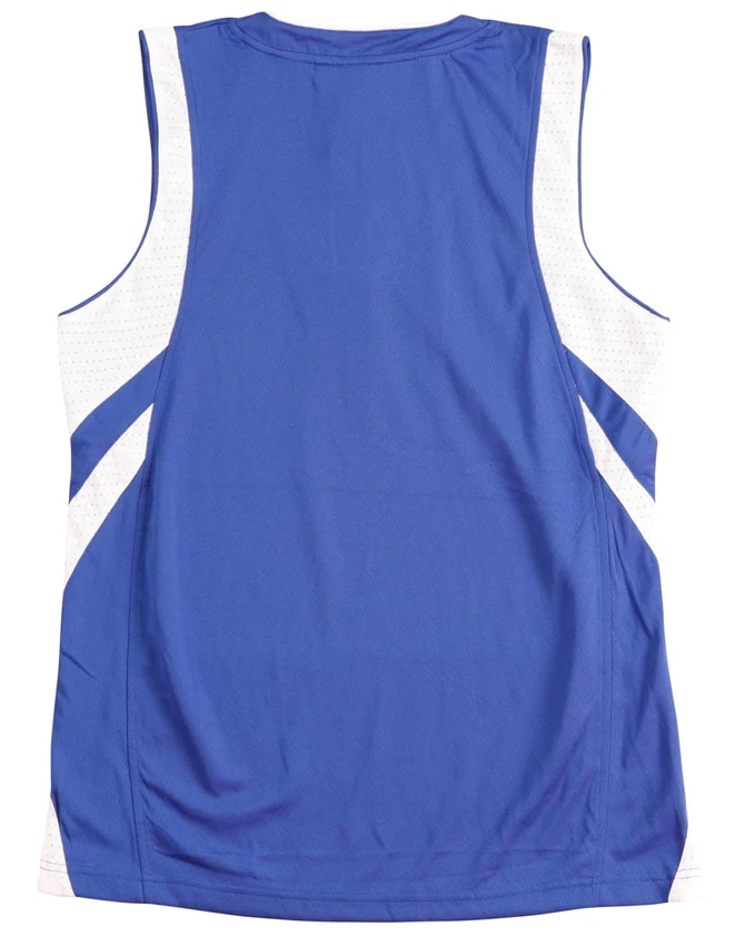 A blue basketball singlet featuring white detailing and a logo on the back.