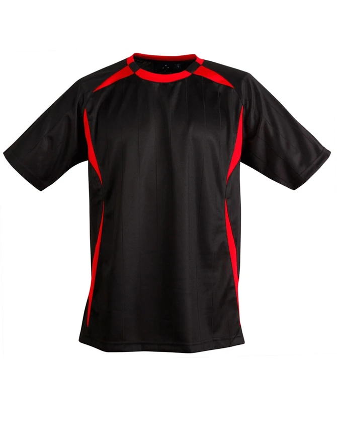 A black and red kid's soccer jersey with short sleeves and a logo on the front.