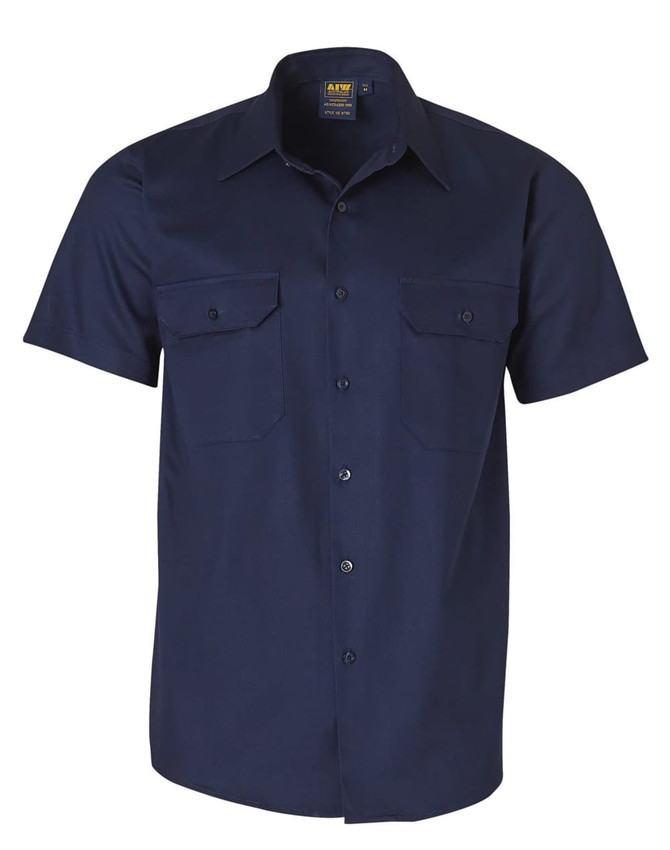 A dark navy short sleeve work shirt with two front pockets and a logo on the label.