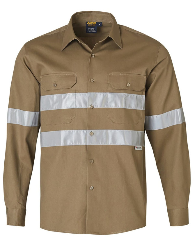 A brown long-sleeve work shirt featuring reflective 3M tape strips and front pockets. Includes a logo.