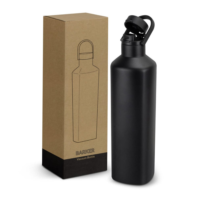 A drink bottle in matte black packaging, featuring a hinged lid and a minimalist design. The box has a simple outline illustration.