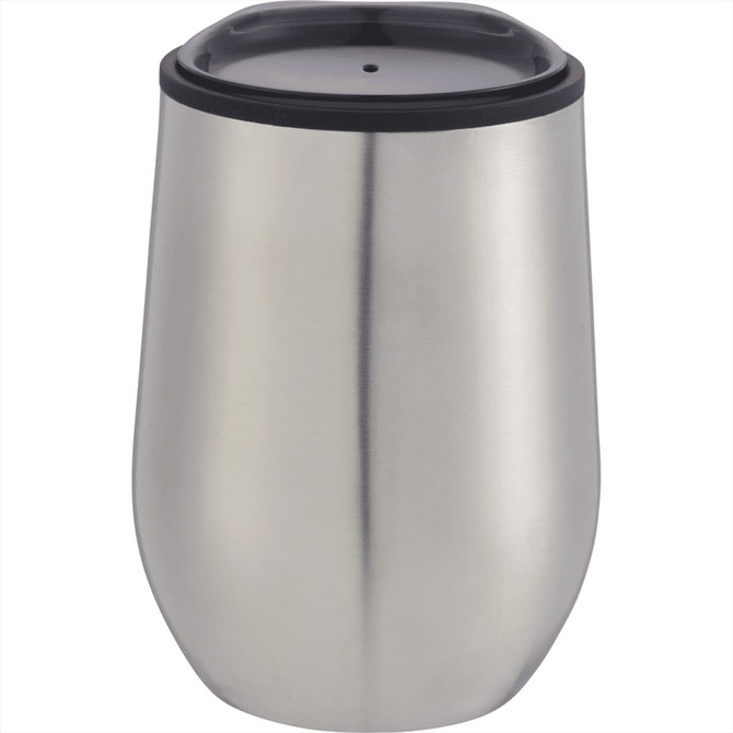 A stainless steel travel mug with a black lid, featuring a sleek and modern design.
