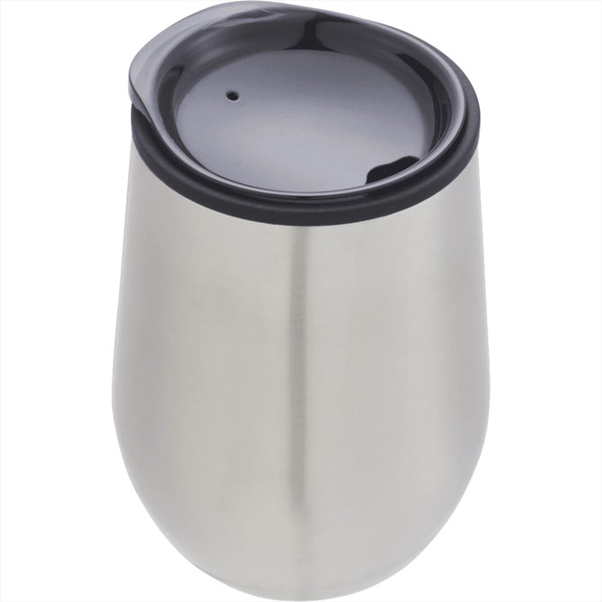 A drink bottle with a sleek stainless steel design and a black lid, featuring a simple logo.