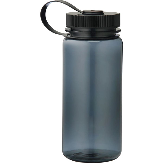 A drink bottle in a smoked grey colour with a black lid and carrying handle, featuring a logo.