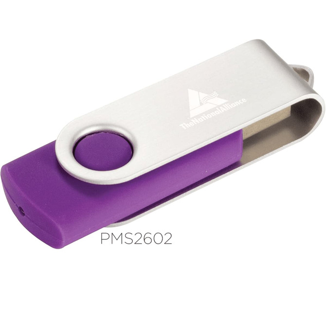 A purple and silver Rotate USB flash drive with a circular button and metal clip. Includes a logo on the casing.