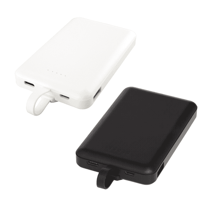 A wireless power bank in white and black, featuring multiple charging ports and a built-in cable.