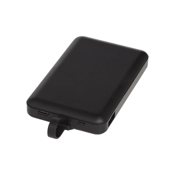 A black 5000 mAh wireless power bank featuring a 3-in-1 cable and a small logo.