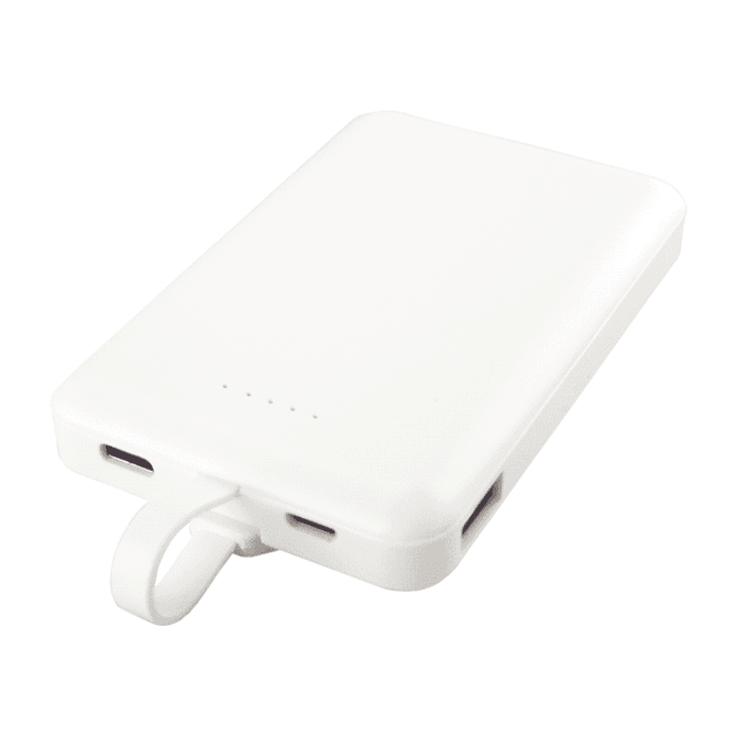 A white power bank featuring a 3-in-1 cable with multiple charging ports and a small built-in loop.