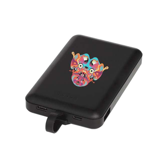 A black wireless power bank featuring a colourful graphic design on the front and a cable attachment.