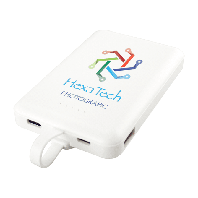 A white wireless power bank featuring a colourful logo and a 3-in-1 cable for charging devices.