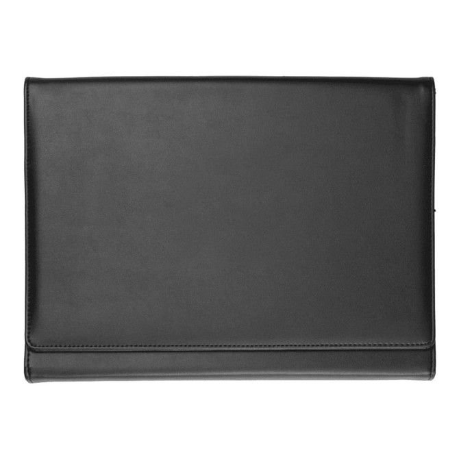 A black A4 expandable file portfolio with a smooth finish and a simple design, featuring a logo.