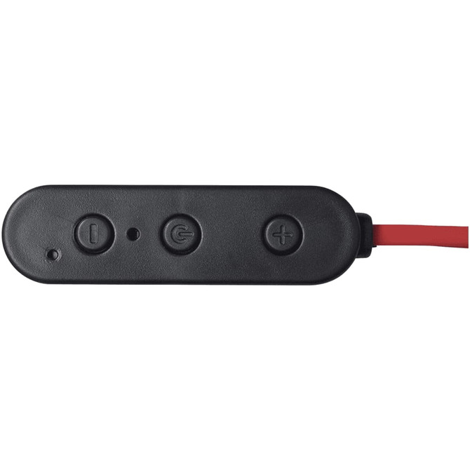 A black control unit with three buttons and a red cable, designed for Bluetooth earbuds.