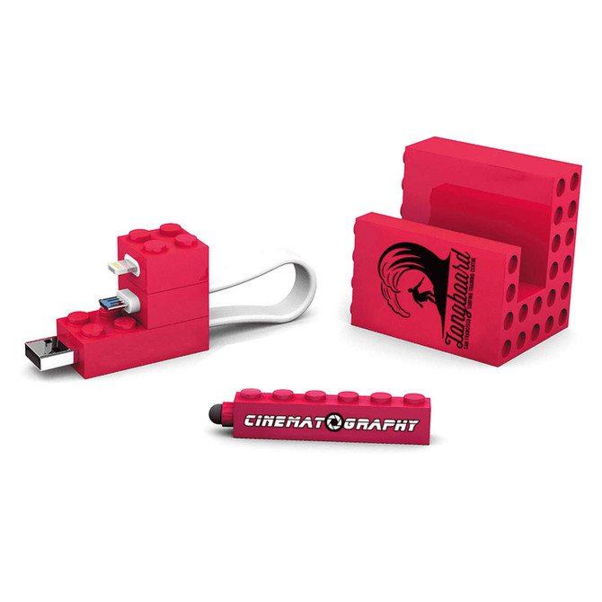 A red 3-in-1 mobile set featuring a USB drive, charging cable, and a stand, all designed with a building block style.