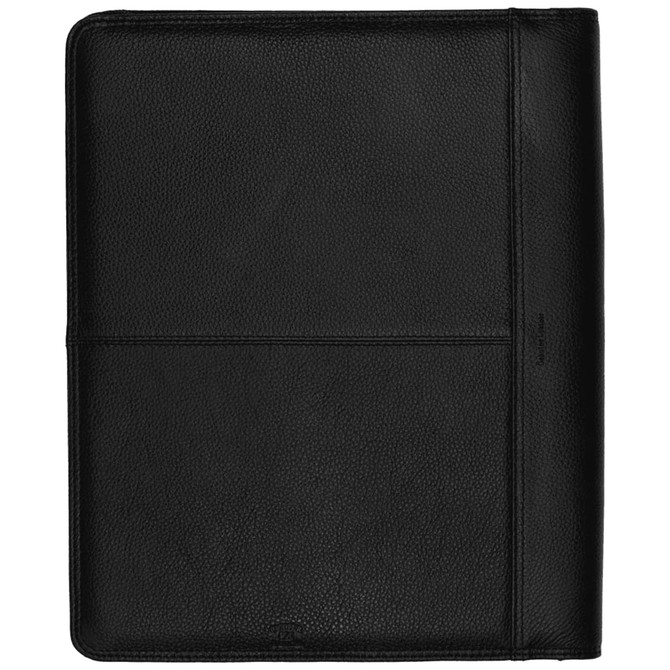 A black leather A4 zippered compendium with a smooth texture and a branding logo.
