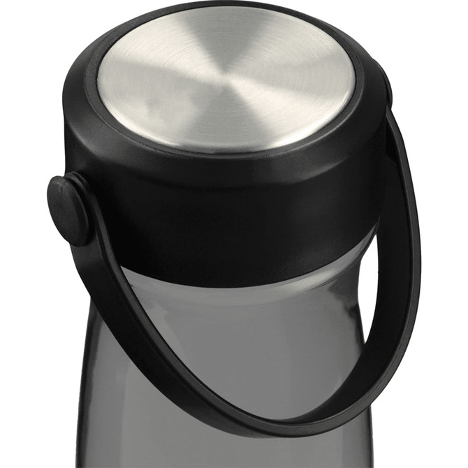 A drink bottle with a clear body, black lid, and stainless steel top, featuring a handle for easy carrying.