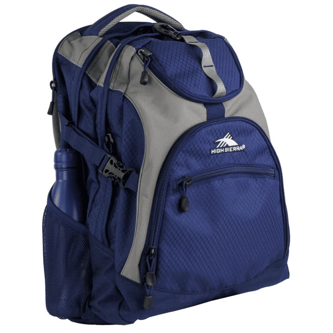 A blue and grey High Sierra Access 17 46L Computer Backpack featuring multiple compartments and a side drink bottle holder.